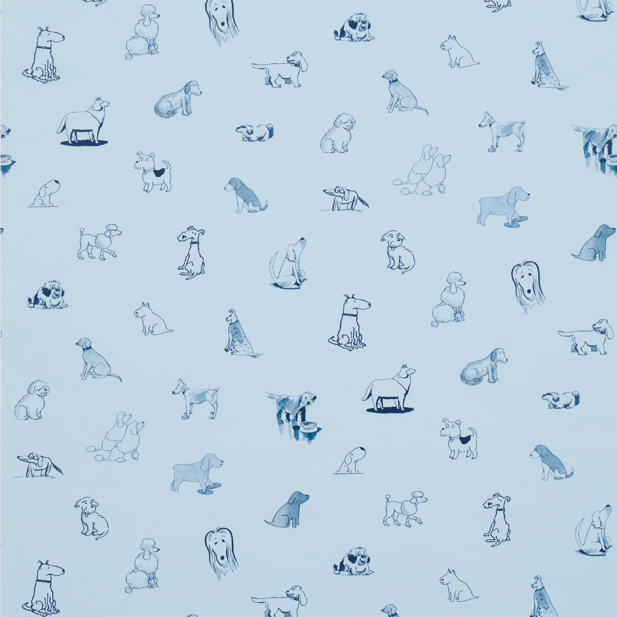Good Dogs Everywhere wallpaper in sky and navy blue featuring charming cartoon dogs from The New Yorker collection by Schumacher.