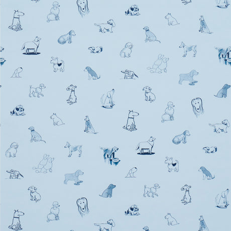 Good Dogs Everywhere wallpaper in sky and navy blue featuring charming cartoon dogs from The New Yorker collection by Schumacher.