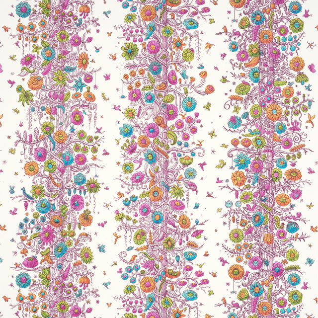 Edward Steed's Towers of Flowers wallpaper in multicolor burst, featuring whimsical floral stripes and playful illustrated flowers.