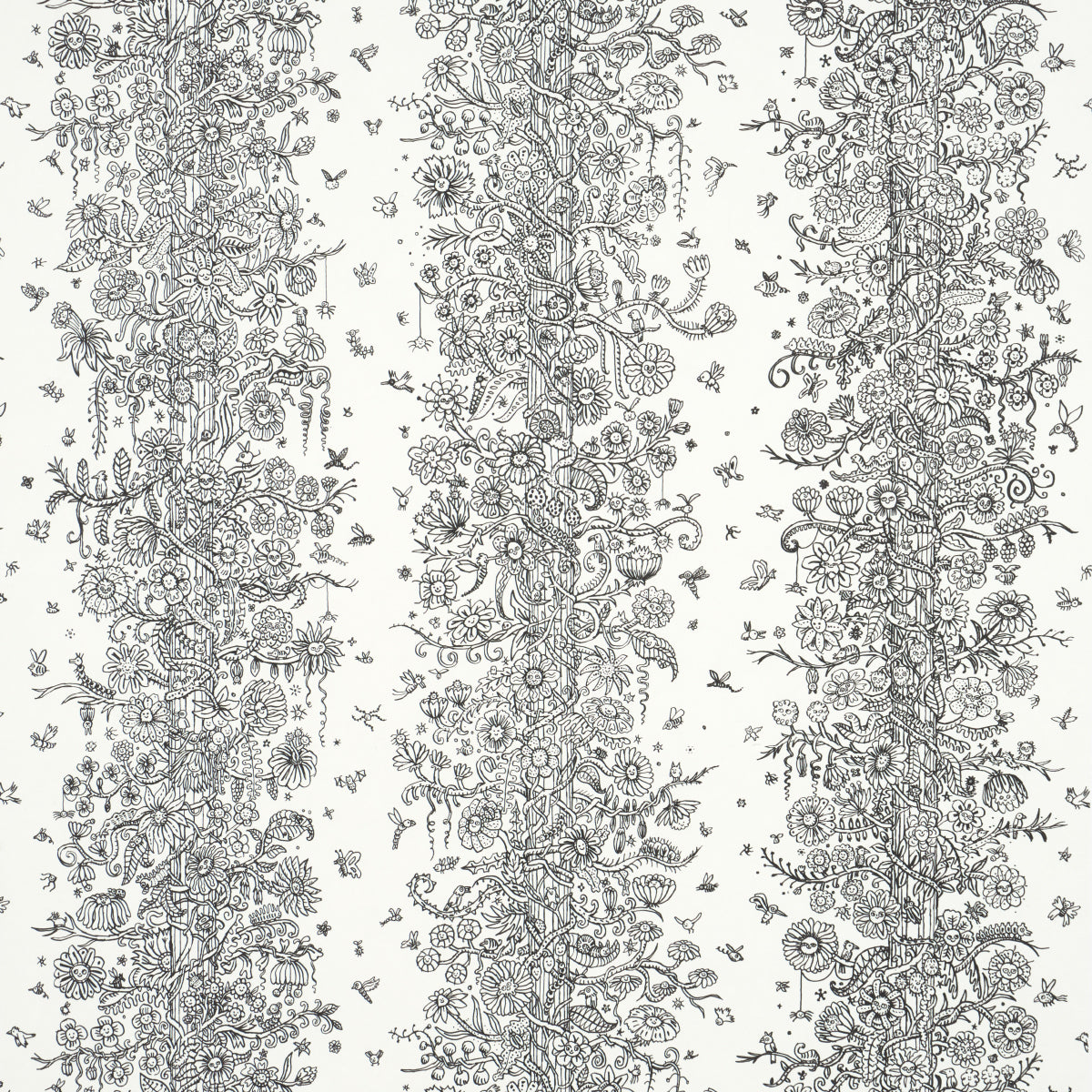Edward Steed's Towers of Flowers wallpaper in black and white, featuring whimsical floral stripes and playful faces, from The New Yorker Collection by Schumacher.