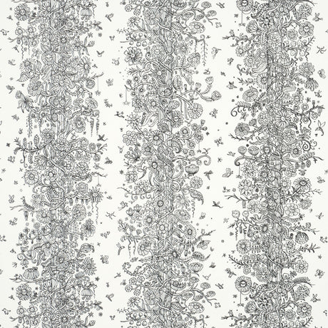 Edward Steed's Towers of Flowers wallpaper in black and white, featuring whimsical floral stripes and playful faces, from The New Yorker Collection by Schumacher.