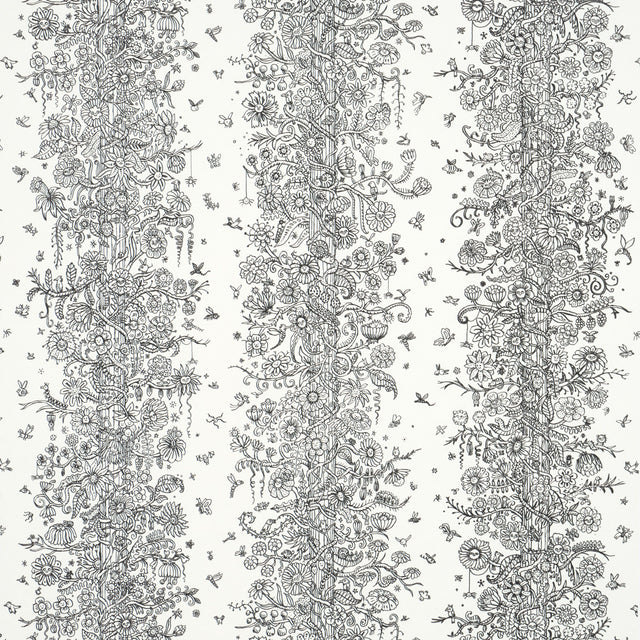 Edward Steed's Towers of Flowers wallpaper in black and white, featuring whimsical floral stripes and playful faces, from The New Yorker Collection by Schumacher.
