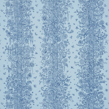 Edward Steed's Towers of Flowers wallpaper in sky blue and navy, featuring whimsical floral stripes and playful faces, from Schumacher's The New Yorker collection.