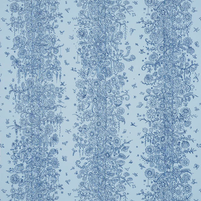 Edward Steed's Towers of Flowers wallpaper in sky blue and navy, featuring whimsical floral stripes and playful faces, from Schumacher's The New Yorker collection.