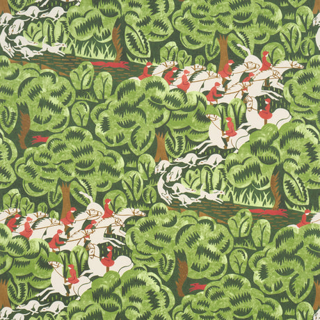 Margaret Schloeman's Fox Chase wallpaper in Forest colorway, featuring a lively Art Deco fox hunt scene with riders, horses, and hounds in a green woodland setting.