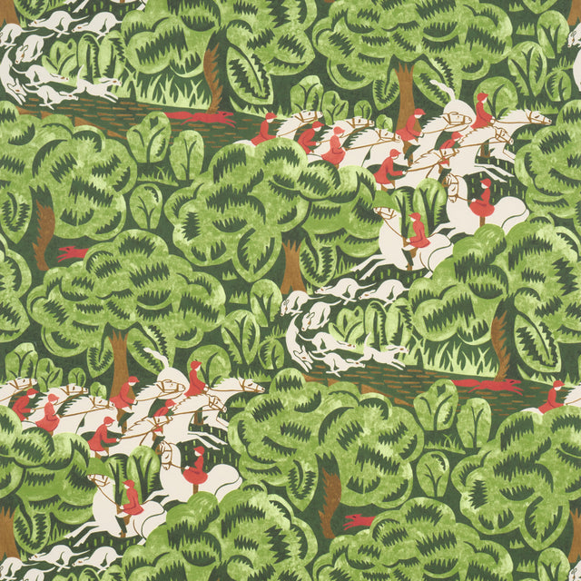 Margaret Schloeman's Fox Chase wallpaper in Forest colorway, featuring a lively Art Deco fox hunt scene with riders, horses, and hounds in a green woodland setting.