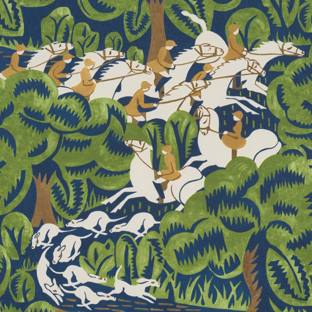 Margaret Schloeman's Fox Chase Navy & Green Art Deco Fox Hunt Wallpaper – Schumacher 5016151