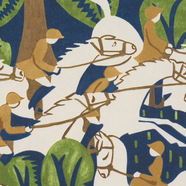 Margaret Schloeman's Fox Chase Navy & Green Art Deco Fox Hunt Wallpaper – Schumacher 5016151