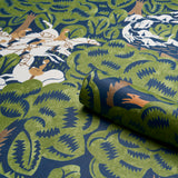 Margaret Schloeman's Fox Chase Navy & Green Art Deco Fox Hunt Wallpaper – Schumacher 5016151
