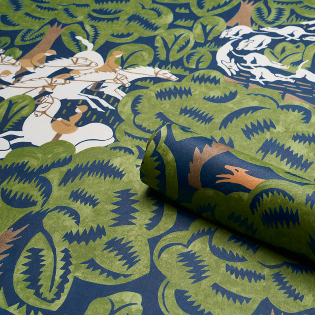 Margaret Schloeman's Fox Chase Navy & Green Art Deco Fox Hunt Wallpaper – Schumacher 5016151