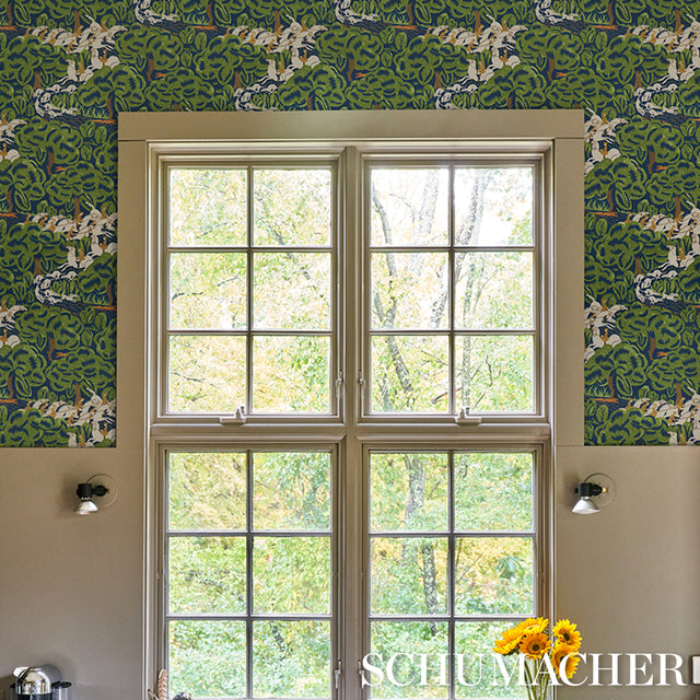 Margaret Schloeman's Fox Chase Navy & Green Art Deco Fox Hunt Wallpaper – Schumacher 5016151