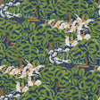 Margaret Schloeman's Fox Chase wallpaper in navy and green, featuring a lively Art Deco fox hunt scene with riders, horses, and hounds in a stylized forest.