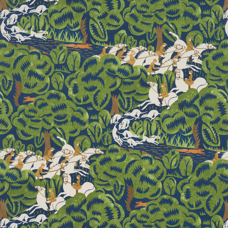 Margaret Schloeman's Fox Chase wallpaper in navy and green, featuring a lively Art Deco fox hunt scene with riders, horses, and hounds in a stylized forest.