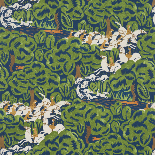 Margaret Schloeman's Fox Chase wallpaper in navy and green, featuring a lively Art Deco fox hunt scene with riders, horses, and hounds in a stylized forest.