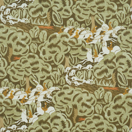 Margaret Schloeman's Fox Chase wallpaper in sage and soft brown, featuring a stylized Art Deco fox hunt scene with riders and hounds in a forest.