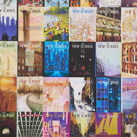 The New Yorker City-View Covers wallpaper by Schumacher featuring a vibrant collage of iconic New Yorker magazine covers in multicolor, celebrating New York City.