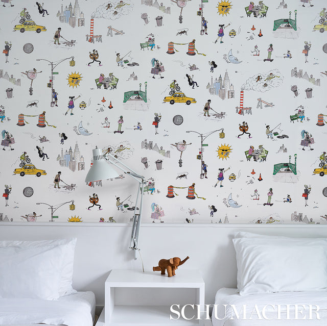 Joana Avillez's Street Scenes Multicolor on White by Schumacher The New Yorker Peel-and-Stick Wallpaper – Schumacher 5016170