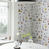 Joana Avillez's Street Scenes Multicolor on White by Schumacher The New Yorker Peel-and-Stick Wallpaper – Schumacher 5016170