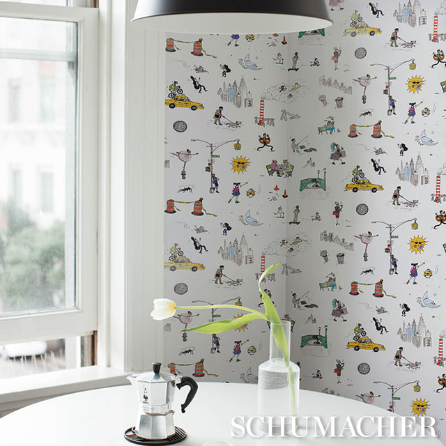Joana Avillez's Street Scenes Multicolor on White by Schumacher The New Yorker Peel-and-Stick Wallpaper – Schumacher 5016170
