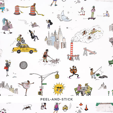 Joana Avillez's Street Scenes peel-and-stick wallpaper featuring whimsical New York City illustrations in multicolor on white background.