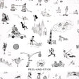 Joana Avillez's Street Scenes peel-and-stick wallpaper featuring whimsical black and white New York City illustrations