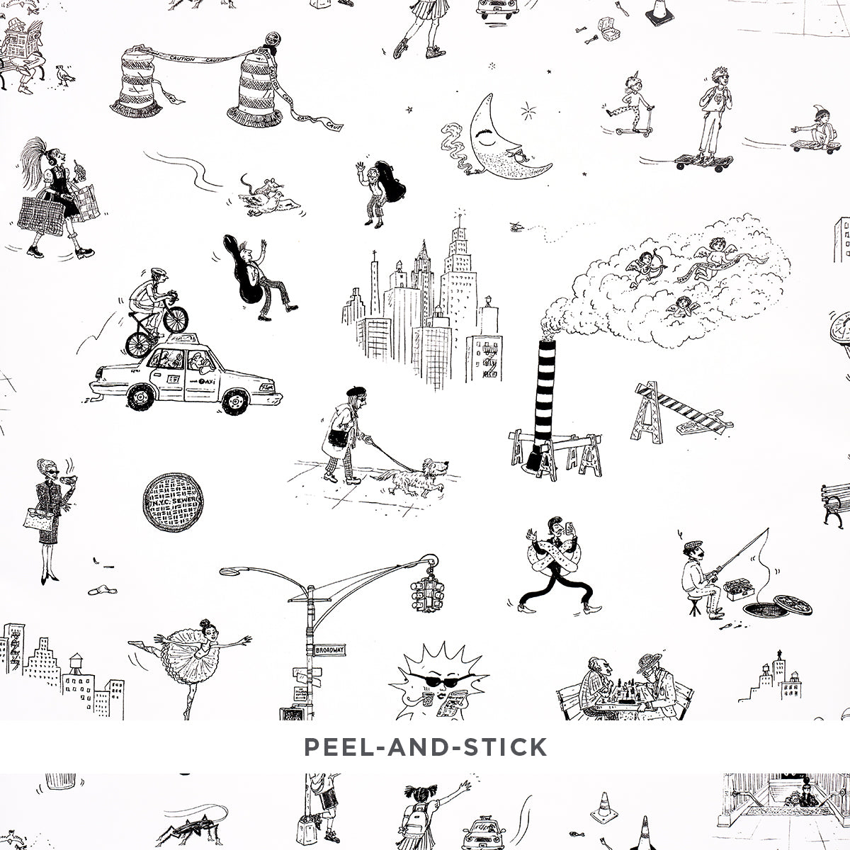 Joana Avillez's Street Scenes peel-and-stick wallpaper featuring whimsical black and white New York City illustrations