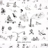 Joana Avillez's Street Scenes peel-and-stick wallpaper featuring whimsical black and white New York City illustrations