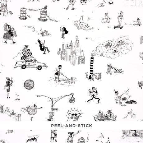 Joana Avillez's Street Scenes peel-and-stick wallpaper featuring whimsical black and white New York City illustrations