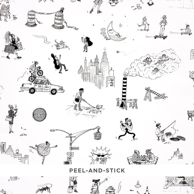 Joana Avillez's Street Scenes peel-and-stick wallpaper featuring whimsical black and white New York City illustrations