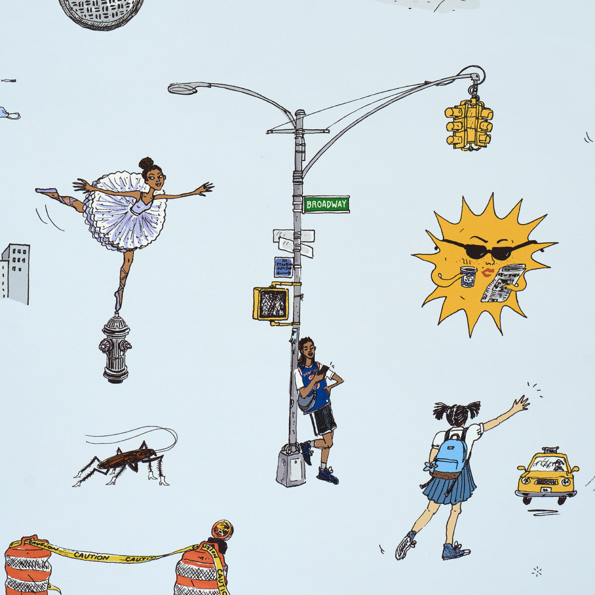Joana Avillez's Street Scenes Multicolor on Sky Blue by Schumacher – The New Yorker Collection Peel-and-Stick Wallpaper 5016172