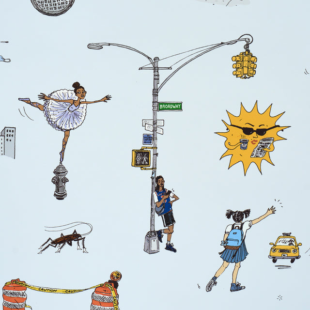 Joana Avillez's Street Scenes Multicolor on Sky Blue by Schumacher – The New Yorker Collection Peel-and-Stick Wallpaper 5016172