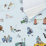 Joana Avillez's Street Scenes Multicolor on Sky Blue by Schumacher – The New Yorker Collection Peel-and-Stick Wallpaper 5016172