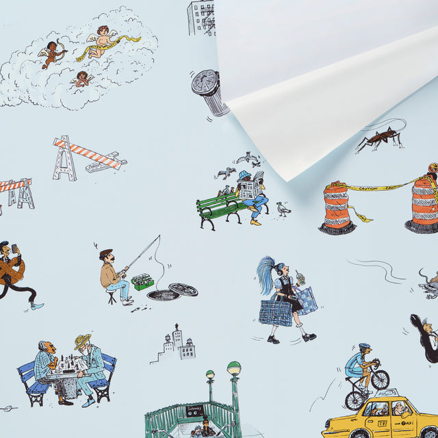 Joana Avillez's Street Scenes Multicolor on Sky Blue by Schumacher – The New Yorker Collection Peel-and-Stick Wallpaper 5016172