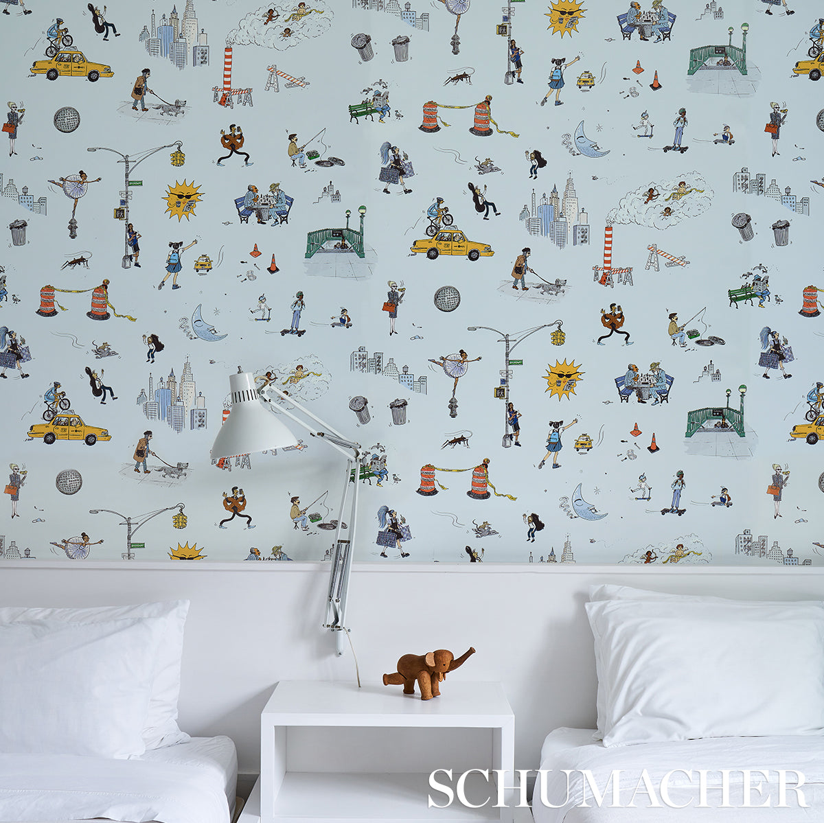 Joana Avillez's Street Scenes Multicolor on Sky Blue by Schumacher – The New Yorker Collection Peel-and-Stick Wallpaper 5016172