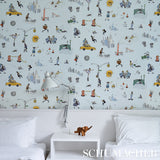 Joana Avillez's Street Scenes Multicolor on Sky Blue by Schumacher – The New Yorker Collection Peel-and-Stick Wallpaper 5016172