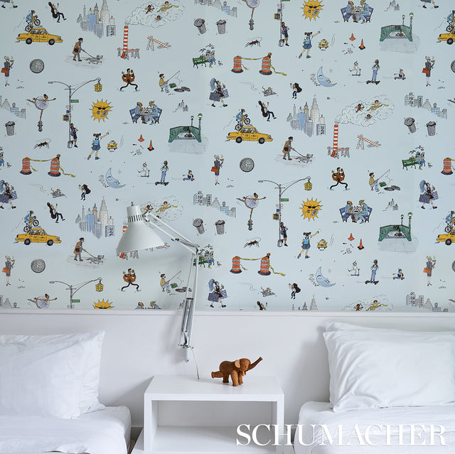 Joana Avillez's Street Scenes Multicolor on Sky Blue by Schumacher – The New Yorker Collection Peel-and-Stick Wallpaper 5016172