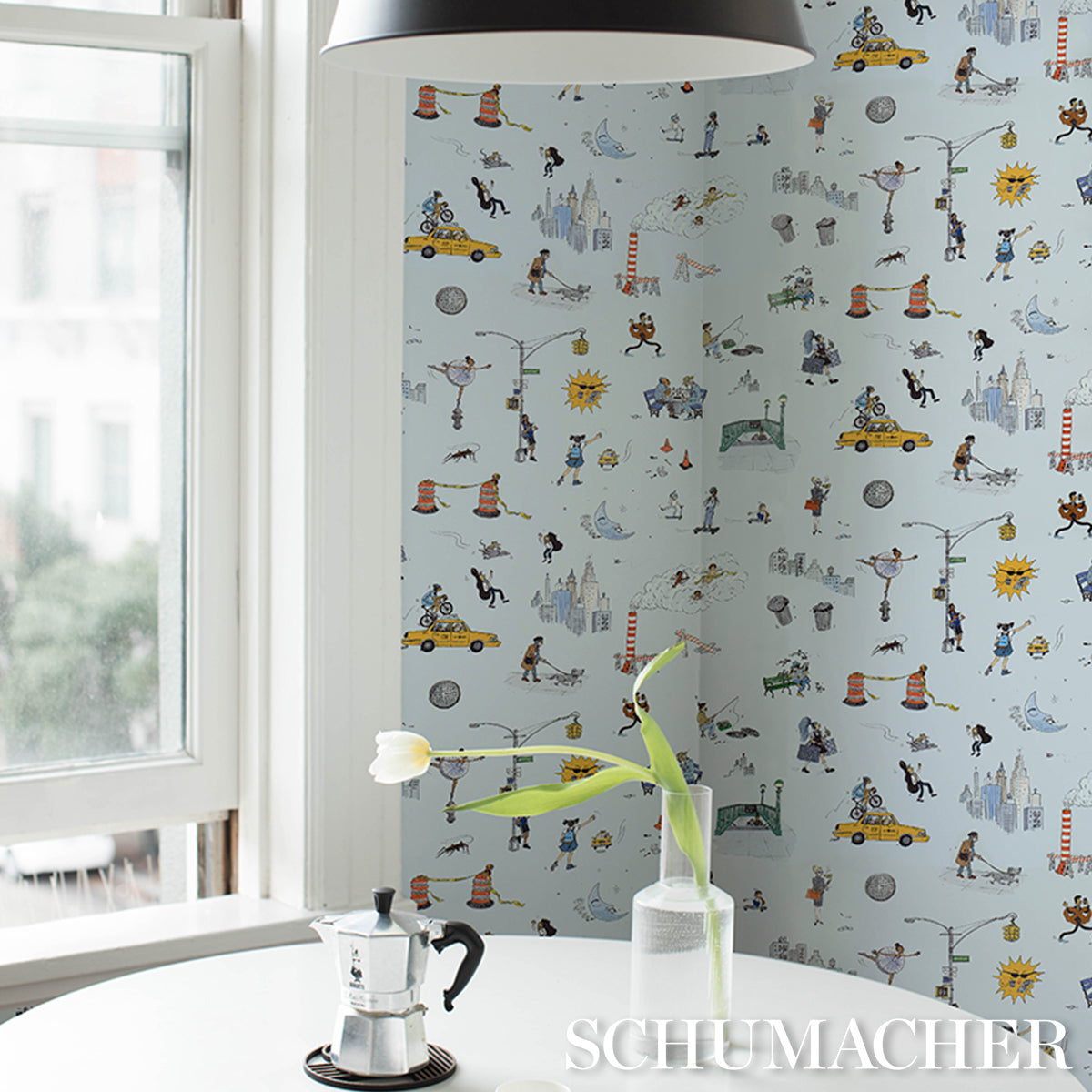 Joana Avillez's Street Scenes Multicolor on Sky Blue by Schumacher – The New Yorker Collection Peel-and-Stick Wallpaper 5016172