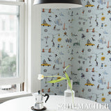 Joana Avillez's Street Scenes Multicolor on Sky Blue by Schumacher – The New Yorker Collection Peel-and-Stick Wallpaper 5016172