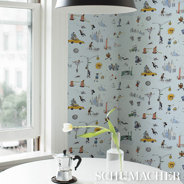 Joana Avillez's Street Scenes Multicolor on Sky Blue by Schumacher – The New Yorker Collection Peel-and-Stick Wallpaper 5016172