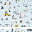 Joana Avillez's Street Scenes peel-and-stick wallpaper featuring whimsical New York City illustrations on a sky blue background.