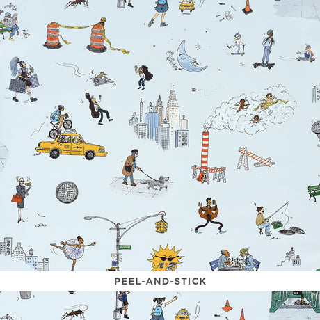 Joana Avillez's Street Scenes peel-and-stick wallpaper featuring whimsical New York City illustrations on a sky blue background.
