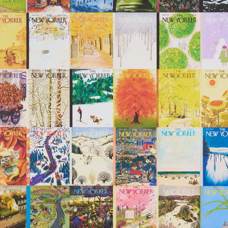 The New Yorker Seasonal Covers wallpaper by Schumacher featuring a vibrant collage of classic New Yorker magazine covers in multicolor, celebrating the seasons.