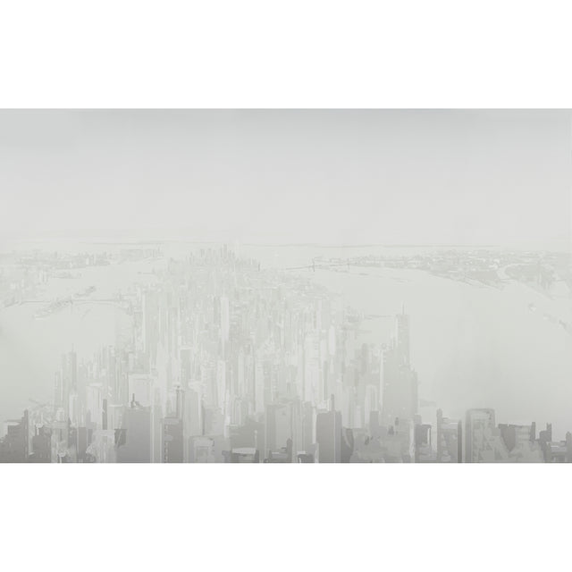 Pascal Campion's New York Skyline wall mural in soft gray, featuring a sweeping, ethereal view of Manhattan in a contemporary style.