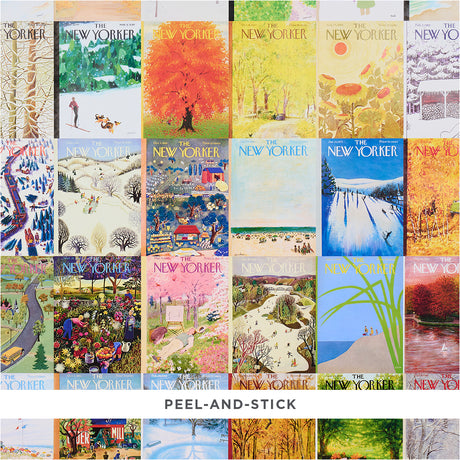 The New Yorker Seasonal Covers peel-and-stick wallpaper featuring a vibrant collage of classic magazine covers in multicolor, styled in a modern interior.