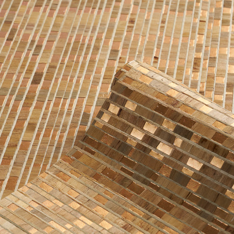 Etti Waterlily Wallcovering in Warm Gold by Schumacher, hand-assembled with waterlily, grass, and metallic paper for a mosaic-like, textural effect.