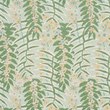 Ashbee Botanical Aqua wallpaper with stylized green leaves and yellow floral pattern by Schumacher