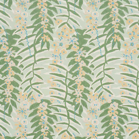 Ashbee Botanical Aqua wallpaper with stylized green leaves and yellow floral pattern by Schumacher
