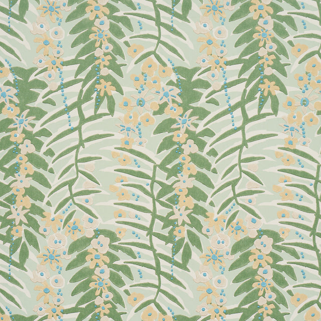 Ashbee Botanical Aqua wallpaper with stylized green leaves and yellow floral pattern by Schumacher