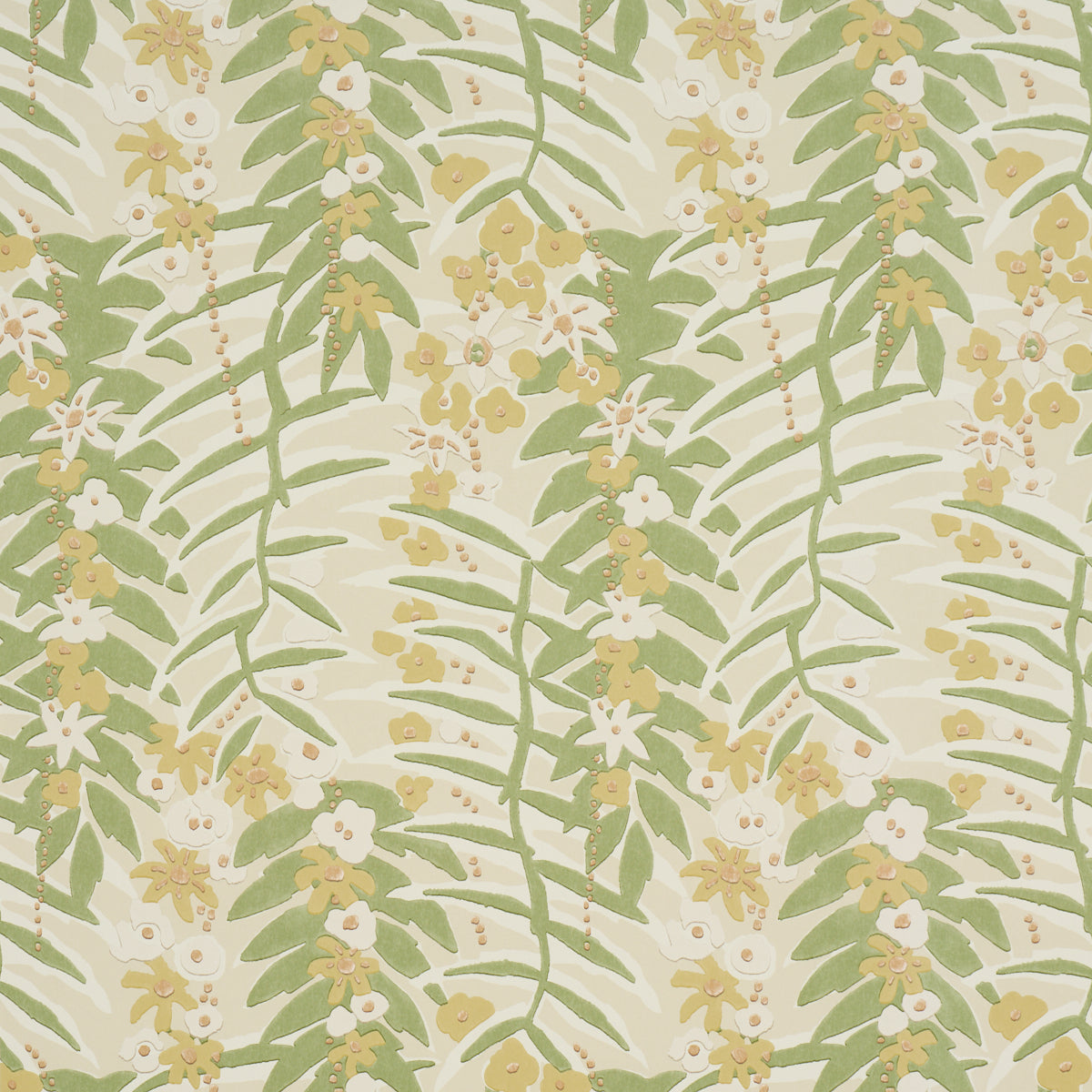 Ashbee Botanical wallpaper in citron colorway, featuring an airy allover floral and botanical pattern with green and yellow tones, styled in a bright interior room.