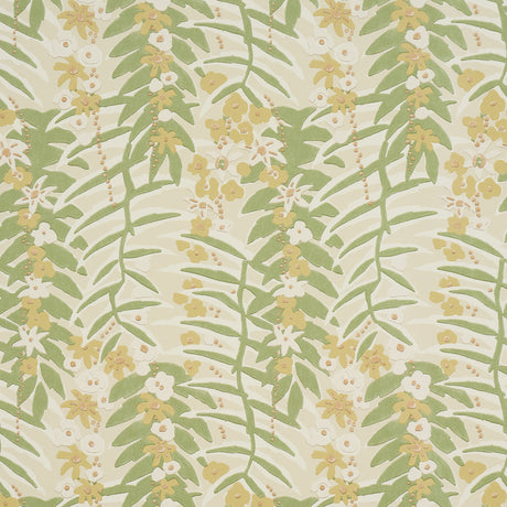 Ashbee Botanical wallpaper in citron colorway, featuring an airy allover floral and botanical pattern with green and yellow tones, styled in a bright interior room.